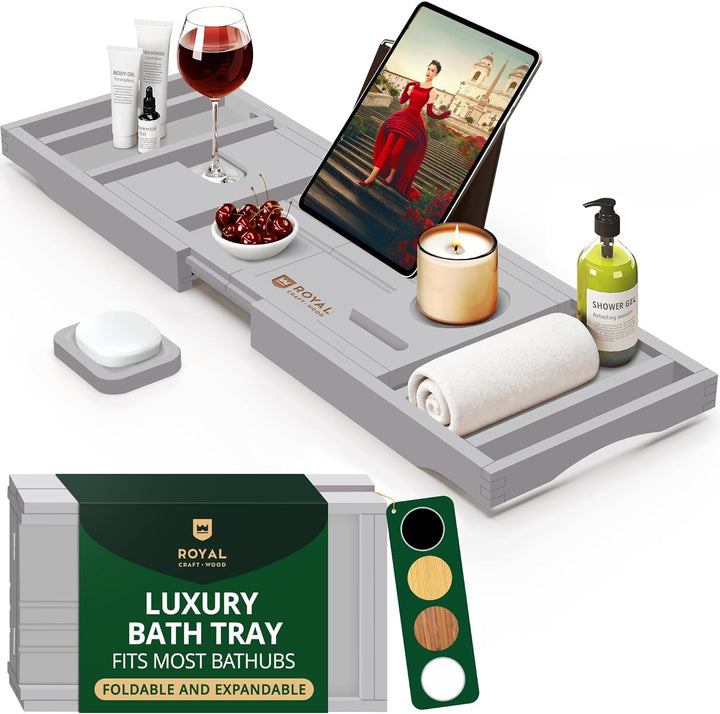 Premium Foldable Bathtub Tray Caddy - Wood Bath Tray for Tub, Bamboo Shelf, Expandable Bath Table Trays, Bathtub & Bathroom Accessories for New Home & Mothers, Birthday Gifts for Mom
