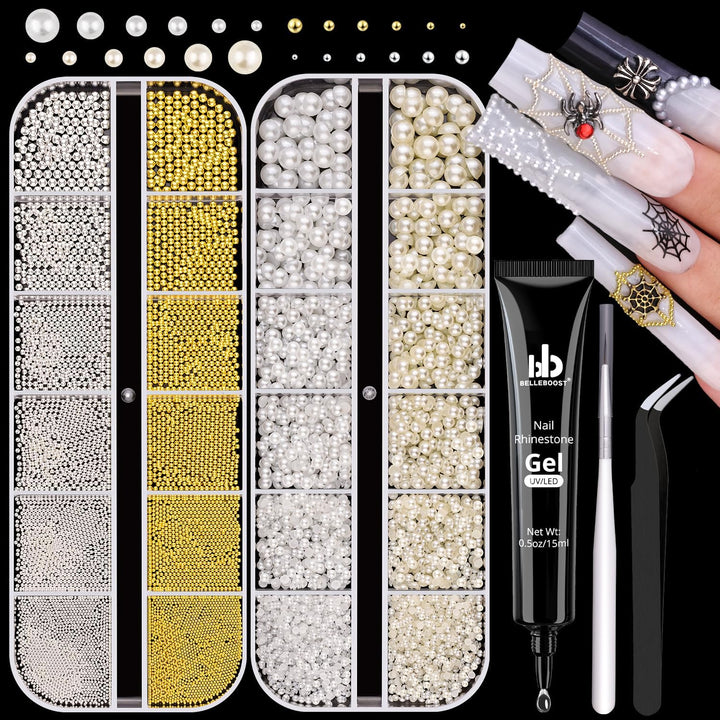 2 Boxes Flatback Pearls (White+Beige) and Metal Nail Beads (Silver+Gold) for Nail Art, Luxurious Pearl Nail Charms and Gems and Small round Caviar Beads Nail Accessories for Acrylic Nail Tips Manicure