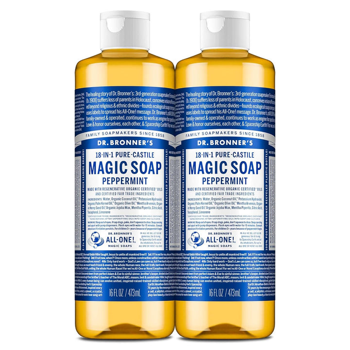 Pure-Castile Magic Liquid Soap - Made with Regenerative Organic Certified Oils- 18-In-1 Uses for Face, Body, Hand, Hair, Laundry & More- Vegan, Non-Gmo- Body Wash- Peppermint,32Oz
