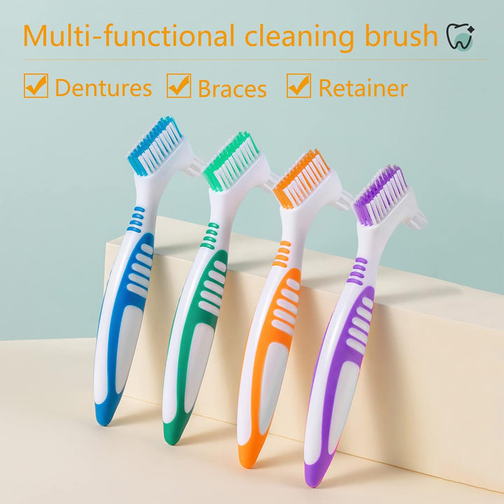 Denture Brush 4Pcs Denture Toothbrushes，Denture Cleaning Care Cleaning Brush ，Double Sided Toothbrush，Multi-Layered Bristles and Rubber Anti-Slip Handle (Purple, Green, Blue, Orange)
