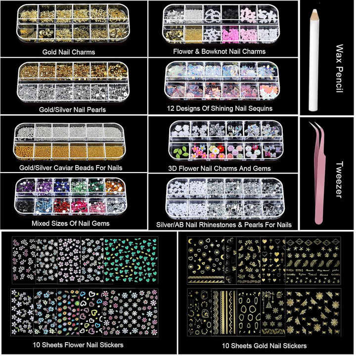Nail Charms Nail Stickers for Nail Art Kit, 8 Boxes Nail Rhinestones Nail Gems Pearls for Nails with 20 Sheets Nail Art Stickers, 3D Gold Nail Charms and Gems Nail Supplies Nail Art Tools