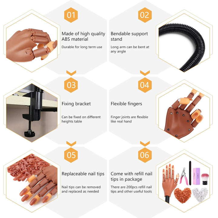 Practice Hand for Acrylic Nails, Flexible Nail Practice Hands Training Kits, Fake Manican Hands for Nails Practice, Movable Nail Maniquin Hand with 300PCS Nail Tips, File, Brush and Clipper