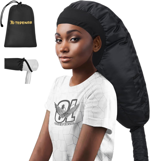 Hair Dryer Bonnet Attachment: Upgraded Extra Large Hooded Dryer Adjustable Hair Dryer Caps - Easy to Use for Natural Curly Textured Hair Care Styling Fast Drying - Black