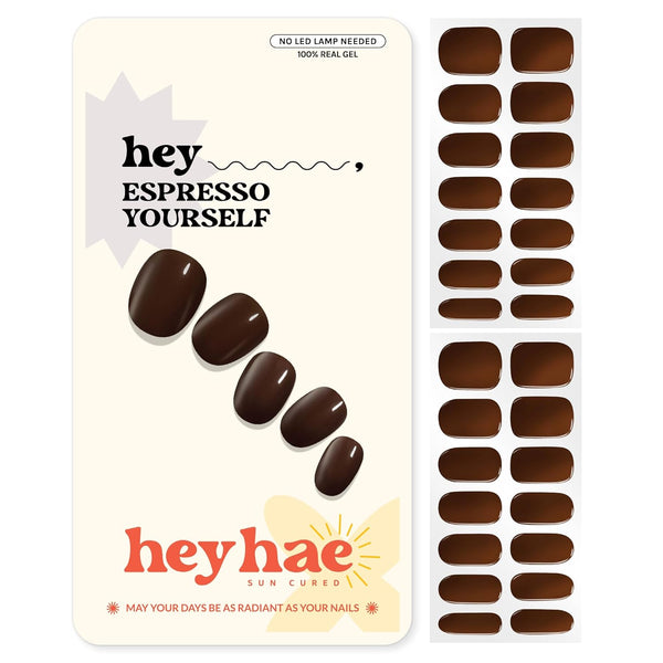 Semi Cured Gel Nail Strips | No LED Lamp Needed | Fall, Solid, Brown | Easy Apply & Remove, Salon Quality | Includes 28 Strips, 1 Prep Pads, Nail File & Wooden Stick - Hey, Espresso Yourself