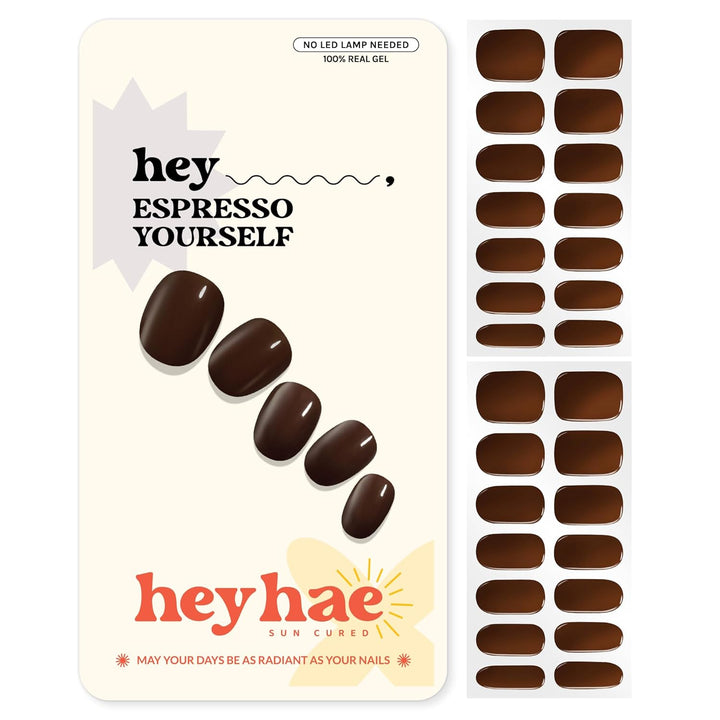 Semi Cured Gel Nail Strips | No LED Lamp Needed | Fall, Solid, Brown | Easy Apply & Remove, Salon Quality | Includes 28 Strips, 1 Prep Pads, Nail File & Wooden Stick - Hey, Espresso Yourself