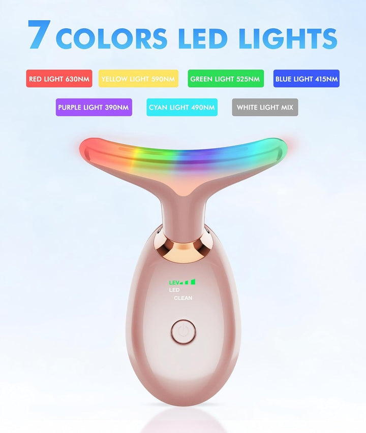 Red Light Therapy for Face and Neck, 7 Color Face Massager Tool for Wrinkles, Double Chin, Vibrating Facial Massager with Thermals for Skin Care, Rose Gold
