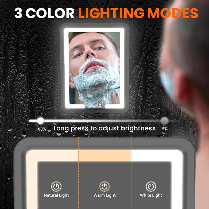 LED Fogless Shower Mirror for Shaving - Heated Fog Free, 3 Dimmable Lights, 360° Adjustable, Rechargeable - with Storage Tray, Razor & Shaving Brush Holders, Gifts for Men