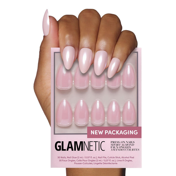 Press on Nails - Madamn | French Tip Nails, UV Finish Short Pointed Almond Shape, Salon Quality Semi-Transparent Nails in 12 Sizes - 24 Nail Kit with Glue