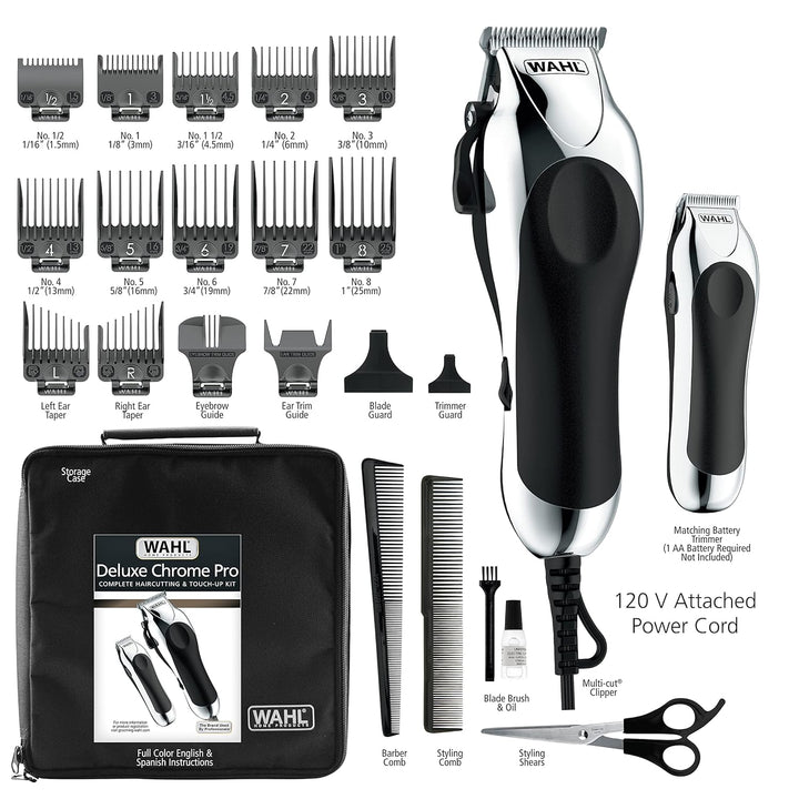 Clipper USA Deluxe Corded Chrome Pro, Complete Hair and Trimming Kit, Includes Corded Clipper, Cordless Battery Trimmer, and Styling Shears, for a Cut Every Time - Model 79524-5201M