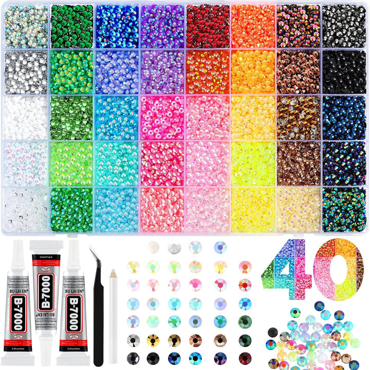 40 Colors Resin Jelly Rhinestones for Bedazzling, 3Mm 32000 Pcs Flatback Gems for Crafting, Bedazzling Kit with 3Pcs B7000 Glue for Clothing Shoes Nail Book Diamond Art