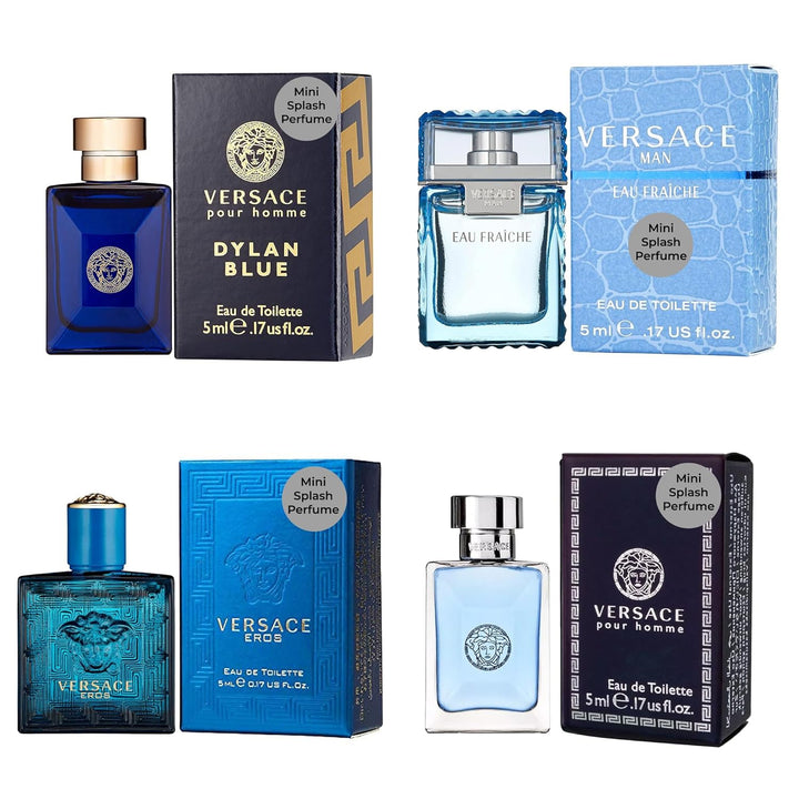 Cologne for Men Set of 4 Mini Eros, Pour Homme, Dylan Blue, Eau Fraiche Perfume for Men Fragrance Sampler Set - Designer Mens Cologne Samples (4 Count, 0.17 Oz)