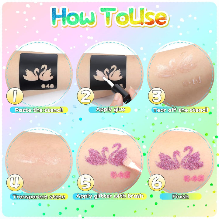 250-Piece No-Mess Temporary Glitter Tattoo Kit for Kids, 203 Unique Stencils,3 Glue,4 Brushes,Boys Girls Adults Glitter Tattoos Kids Make up Kit, Gifts for Girls 6-12, Boys Birthday Party Halloween