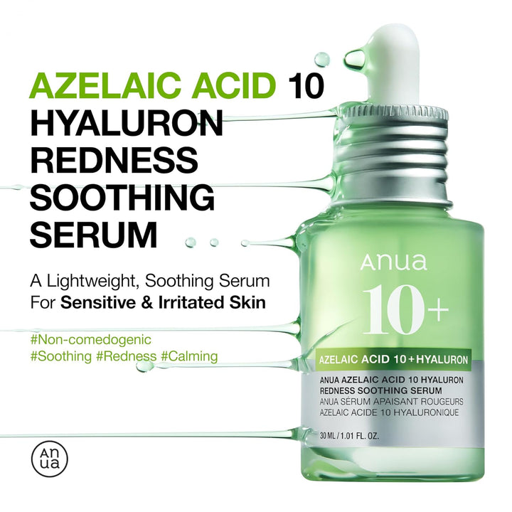 Azelaic Acid 10 Hyaluron Redness Soothing Serum, Facial Serum for Sensitive Skin, Hyaluronic Acid, Niacinamide, Spot Care, Natural Color, Vegan, Korean Skincare (30Ml/ 1.01 Fl Oz.)