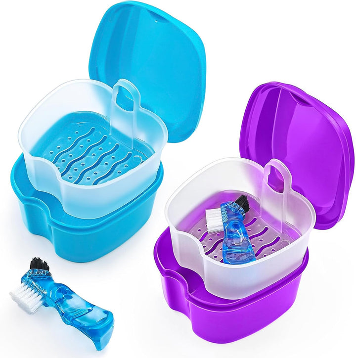 Black Denture Soaking Container Partial Denture Case, Orthodontic Retainer Cleaning Case Denture Cleaner Container Dentures Teeth Cup with Strainer and Lid Waterproof