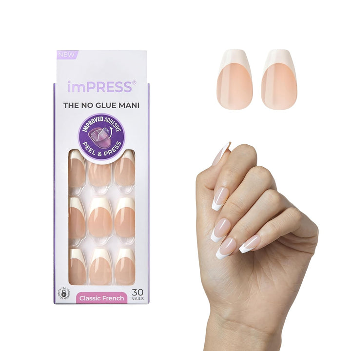 KISS  No Glue Mani Press on Nails, French, 'Model', Light Neutral + White Tip French, Short Size, Squoval Shape, Includes 30 Nails, Prep Pad, Instructions Sheet, 1 Manicure Stick, 1 Mini File