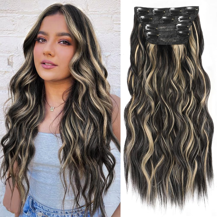 Clip in Long Wavy Synthetic Hair Extension 24 Inch Black 4PCS Thick Hairpieces Fiber Double Weft Hair for Women