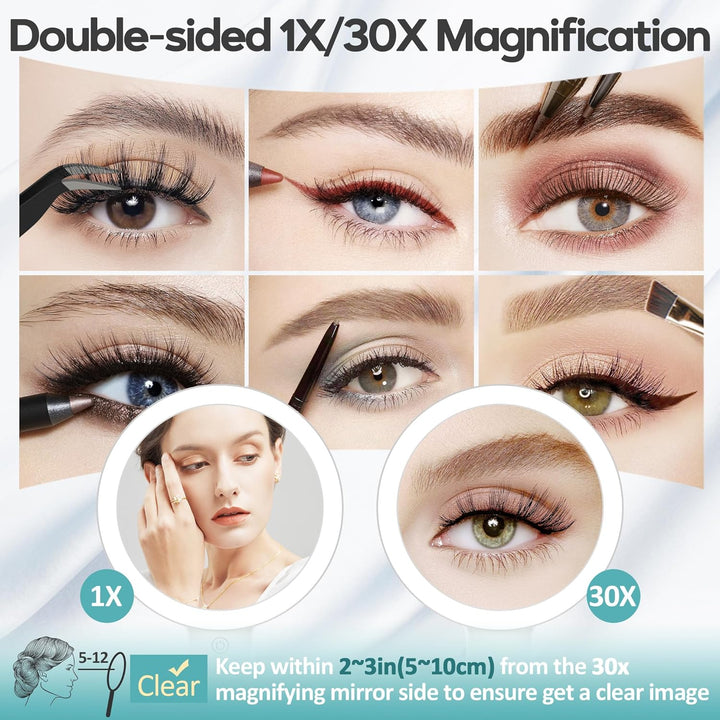 Magnifying Mirror with Light 30X, Double-Sided 1X/ 30X Magnifying Makeup Mirror with Tweezer, 2000Mah 3 Colour Modes with Adjustable Brightness,Foldable Travel Mirror(9" L X 7" W)