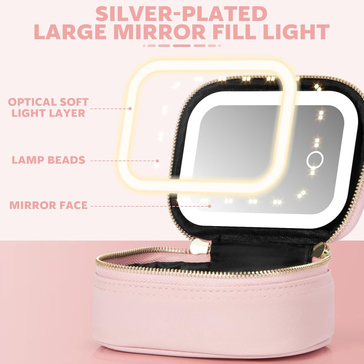 Small Makeup Bag with Led Mirror, Mini Travel Make up Bag 3 Light Modes Adjustable Brightness, for Women Organizer Cosmetic Bag, Portable Travel Train Toiletry Bag, for Pool Parties Work Touch-Ups