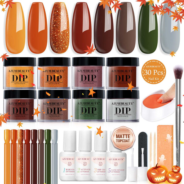 Dip Nails Powder Starter Kit, Maple Grey Sage Green Dark 8 Colors Set with Nail Sticks, Fall Nail Art Base Glossy/Matte Top Coat Activator Essential Liquid Manicure DIY Salon 30 PCS