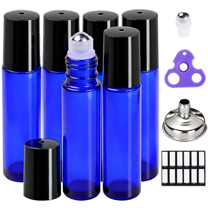 4 Pack, 10 Ml Essential Oil Roller Bottles with Stainless Steel Roller Ball - Refillable Leak-Proof Empty Thick Amber Glass Roll on Bottles with Metal Caps for Travel, Perfume