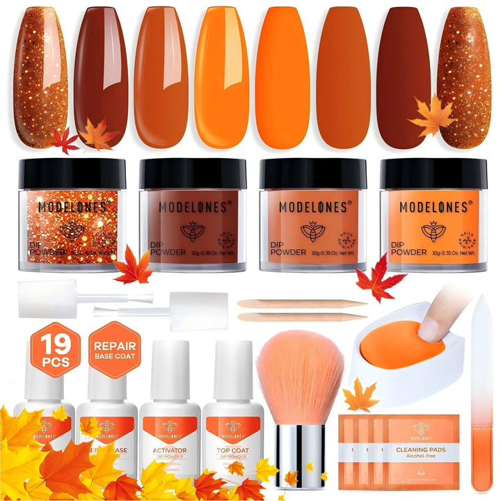 Dip Powder Nail Kit, 4 Colors Fall Orange Glitter Dipping Starter Set with Liquid and Complete Accessories for French Nails Art Salon DIY at Home Manicure
