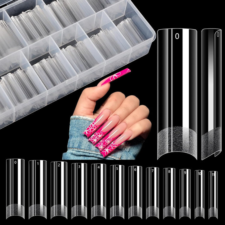 504 PCS No C Curve Clear Nail Tips for Acrylic Nails Professional, 3XL Extra Long, 12 Sizes Half Cover Straight Tapered Square French Fake Nail Tips for Nail Salons Home DIY