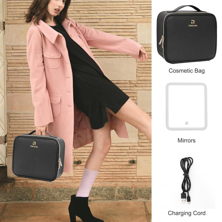 Travel Makeup Bag with LED Mirror, Cosmetic Train Case with Light up Mirror, Portable Makeup Artist Organizer Bag with Adjustable Dividers, Makeup Brush Holder Storage, Black