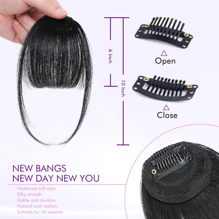 Clip in Bangs 100% Real Human Hair Extensions Wispy Natural Black Fake Bangs Hair Clip on Bangs for Women Fringe with Temples Hairpieces Faux Bangs for Daily Wear