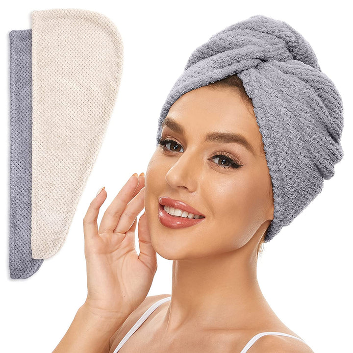 2 Pack Microfiber Hair Towel Wrap for Women, anti Frizz Quick Drying Hair Turban for All Hair Style, Absorbent and Lightweight (Beige)