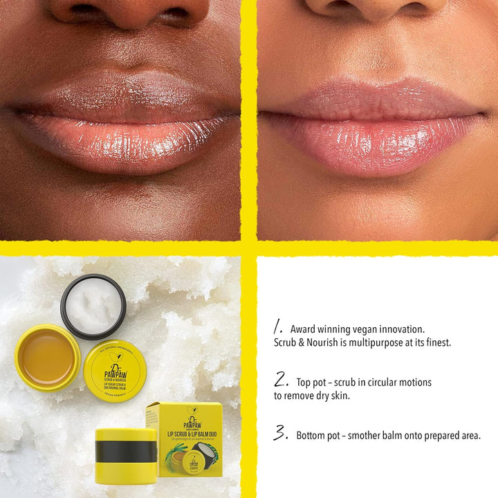 Lip Scrub and Lip Balm Duo - Hydrating Lip Balm with Pawpaw, Aloe, Olive and Castor Oils - Vegan Lip Scrub for Sensitive Skin - 0.55 Oz