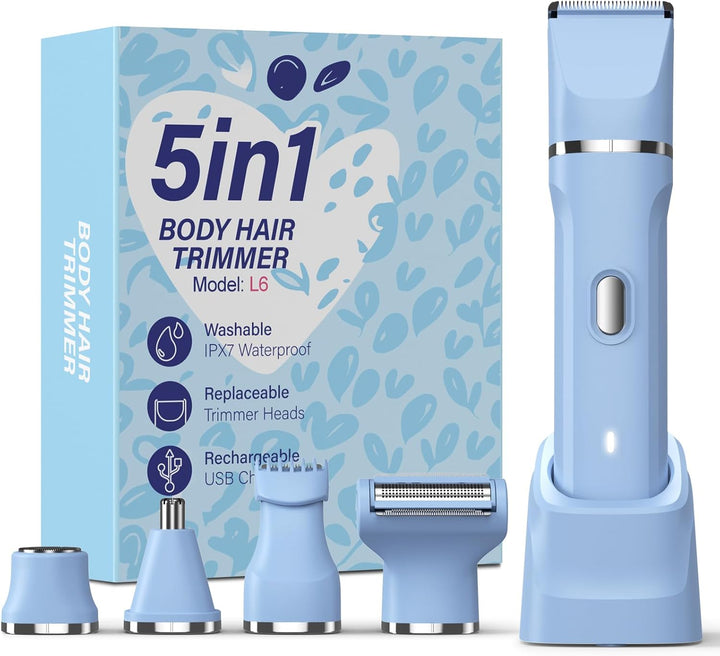 5-In-1 Bikini Trimmer for Women, IPX7 Waterproof Electric Razors Shaver, Cordless Body Hair Trimmer, Facial & Pubic Hair Removal, Ceramic Blade (White)