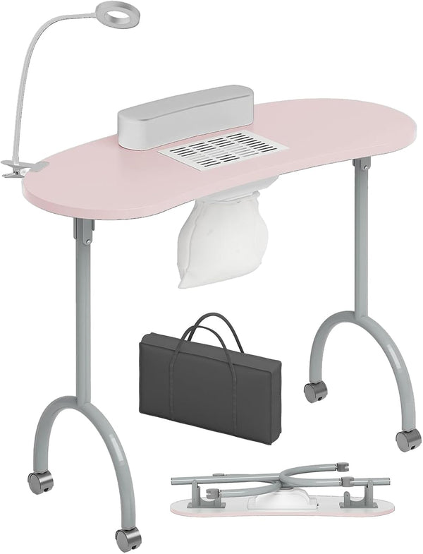 Portable Manicure Nail Table, Foldable Manicure Table with Dust Collector Fan, LED Lamp, 4 Lockable Wheels and Carry Bag, Professional Nail Desk with Wrist Cushion (Pink)