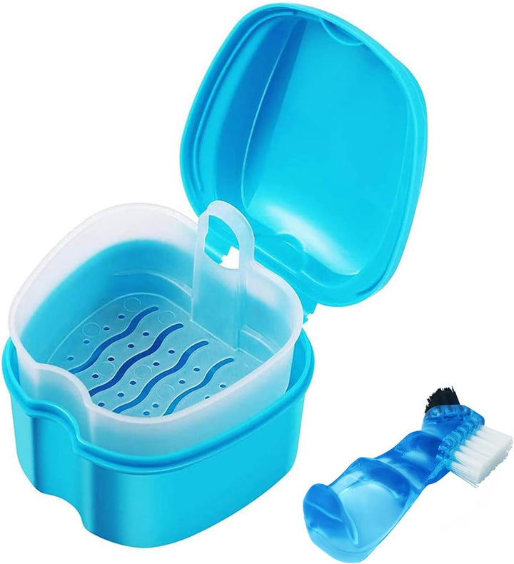 Black Denture Soaking Container Partial Denture Case, Orthodontic Retainer Cleaning Case Denture Cleaner Container Dentures Teeth Cup with Strainer and Lid Waterproof