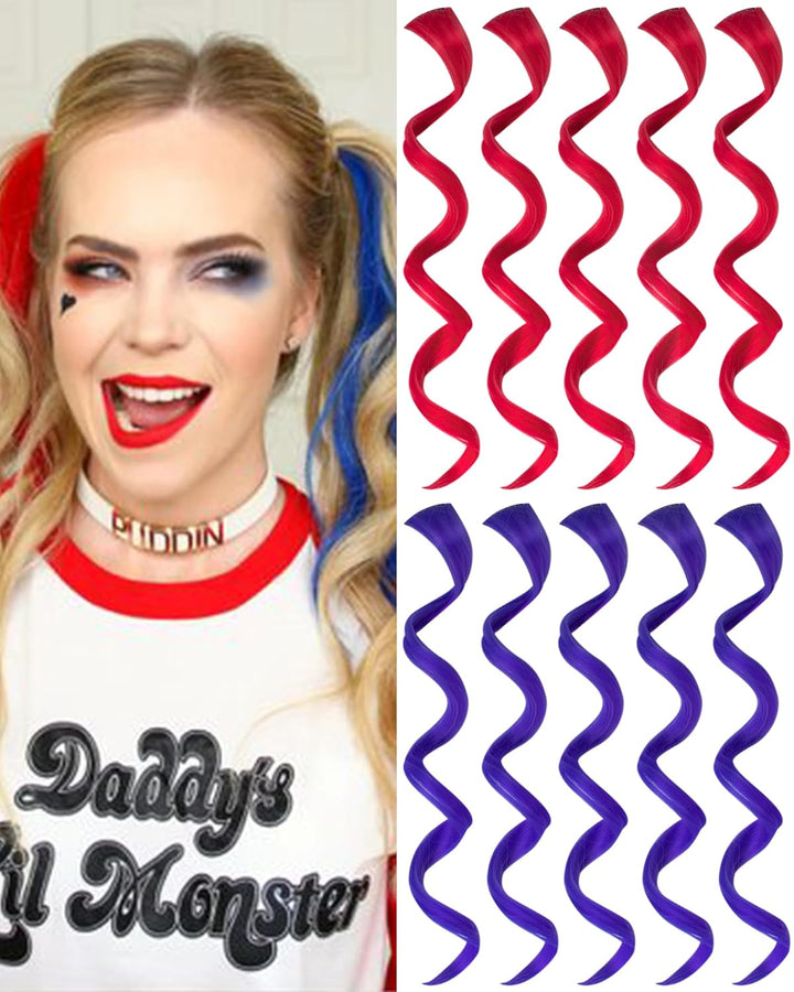 Red and Blue Hair Extensions Clip In,10 PCS Curly Wavy Synthetic Hairpieces Rainbow Neon Party Highlights, Colorful Hair Accessories for Girls Women 17 Inch (Red Blue)