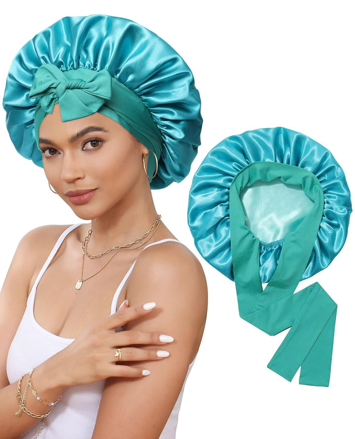 Satin Bonnet for Sleeping Cap Double Layer Hair Bonnet with Elastic Tie Band for Curly Hair Night Cap (Bean Paste + Pink)