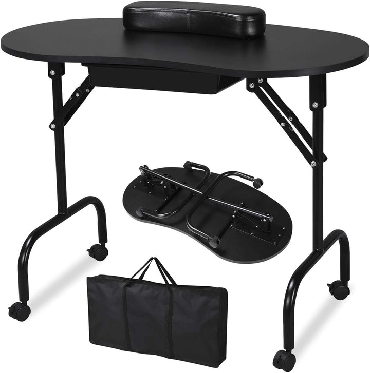 37-Inch Portable & Foldable Manicure Table Nail Desk Workstation with Large Drawer/Client Wrist Pad/Controllable Wheels/Carrying Case for Spa Beauty Salon Black