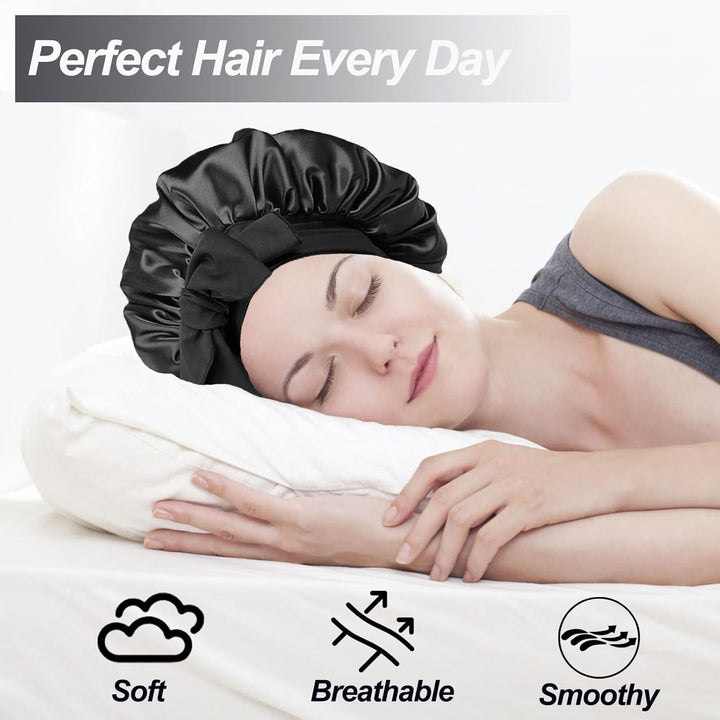 Silk Bonnet Satin Bonnet for Sleeping Large Bonnets with Tie Band Hair Wrap with Adjustable Straps Hair Cap for Women Curly Black
