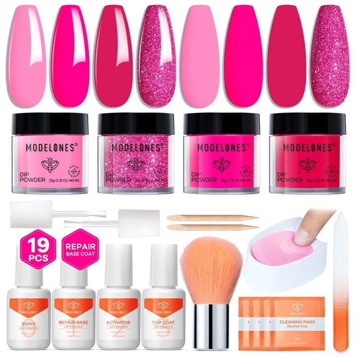 Dip Powder Nail Kit, 4 Colors Fall Orange Glitter Dipping Starter Set with Liquid and Complete Accessories for French Nails Art Salon DIY at Home Manicure