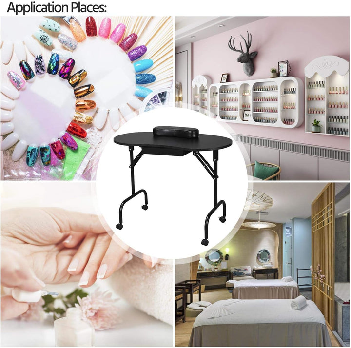 37-Inch Portable & Foldable Manicure Table Nail Desk Workstation with Large Drawer/Client Wrist Pad/Controllable Wheels/Carrying Case for Spa Beauty Salon Black