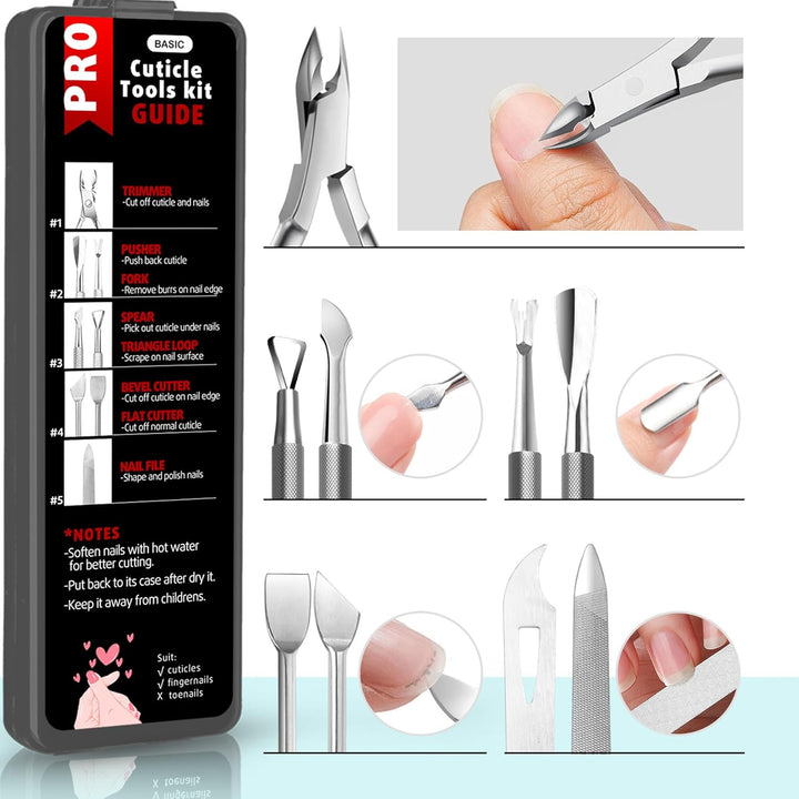 5-Pack Cuticle Trimmer Set with Pusher, Cutter, Scraper, Nipper, Clipper, Professional Stainless Steel Cuticle Remover Tools Kit for Fingernails & Toenails - with Case