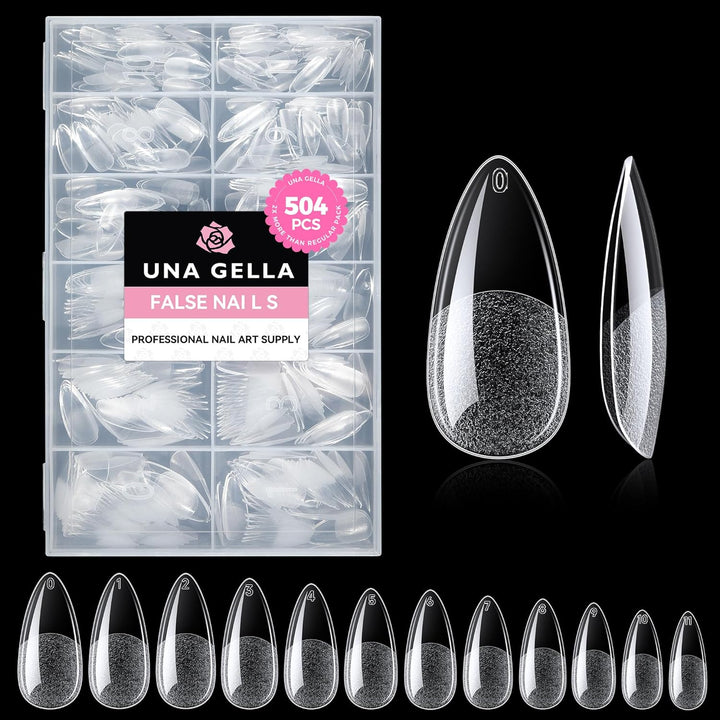 Almond Gel Nail Tips, 504PCS Pre Etched Clear Fake Nails Tips Medium Almond Shape - 12 Sizes Full Cover Soft Acrylic Press on Nail Extensions No C Curve Gift for Diy at Home