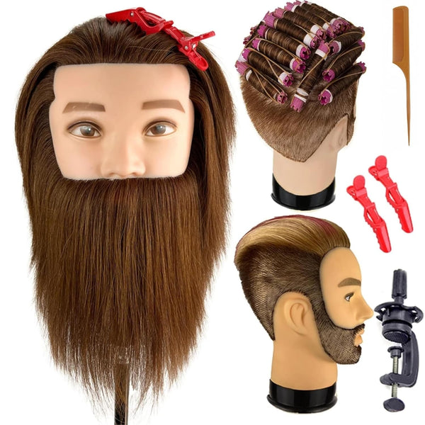 Mannequin Head Human Hair for Hair Styling, Barber Mannequin Head Male with 100% Human Hair and Beard Cosmetology Training Manikin Head with Stand