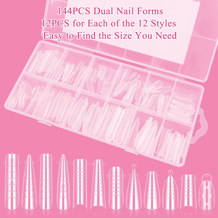 Nail Dual Forms for Poly Gel Set, 12 Styles 12 Sizes Nail Mold Extension Forms, 144Pcs Full Cover False Nail Tips, Duet System with 5Pcs Nail Clips Nail Brush Nail Files Cuticle Trimmer