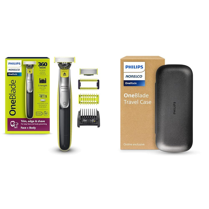 Oneblade 360 Hybrid Blade for Face + Body, Electric Beard Trimmer, Shaver and Groomer, with 360 Blade Technology, 5In1 Adjustable Comb, 1X Body Kit, Model QP2834/70, Black/Lime Green