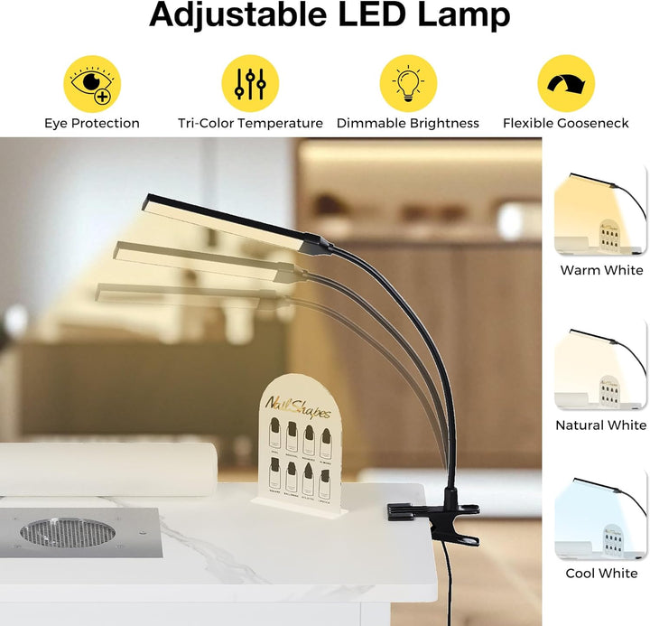 Portable & Foldable Manicure Table W/Dust Collector, Rolling Nail Tech Desk W/Led Light Lamp, Wrist Cushion, Lockable Wheels, Carrying Case, for Home Travel Beauty Salon Workstation (Marble White)