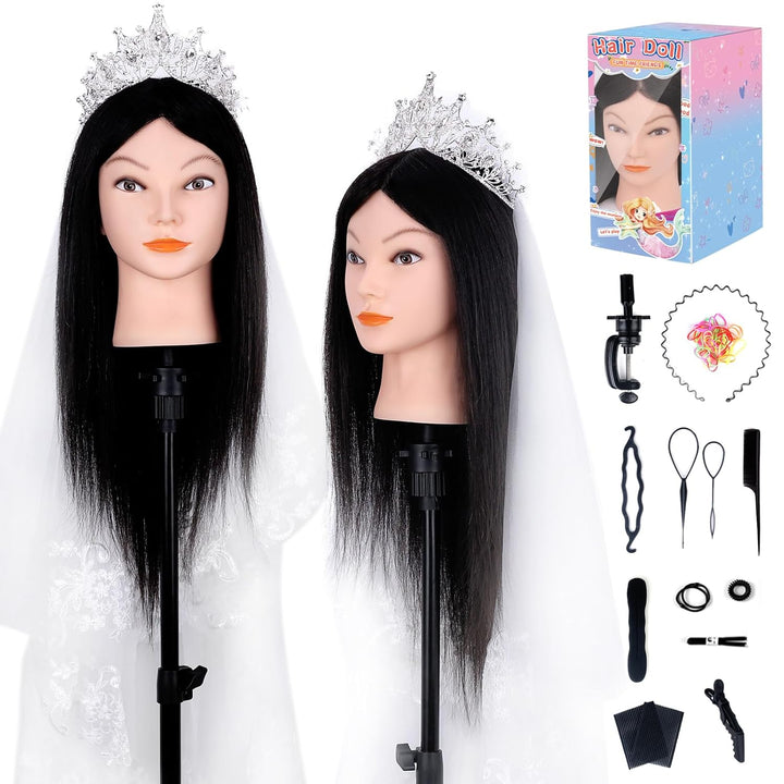 Mannequin Head with 100% Real Hair for Cosmetology,  18" Light Brown Hairdresser Training Head with Clamp Holder and Tool, Doll Head Mannequin Head for Hair Styling Practice
