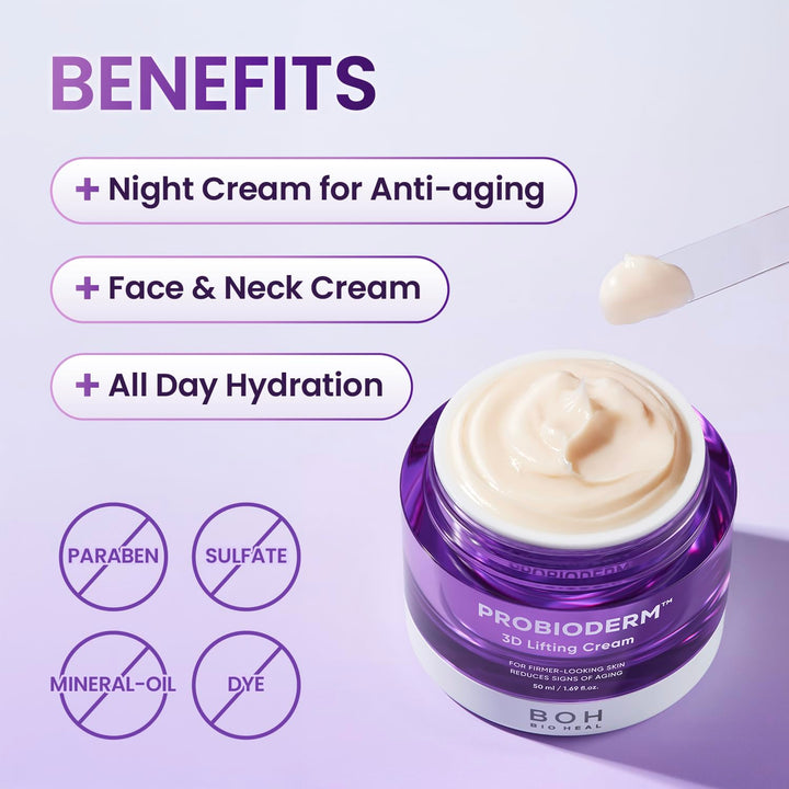 Probioderm 3D Lifting Cream 1.7 Fl Oz | Advanced Korean Anti-Aging Probiotics Facial Night Cream Moisturizer with 17-Peptide Complex & Patented Probioderm for Wrinkles on Face and Neck