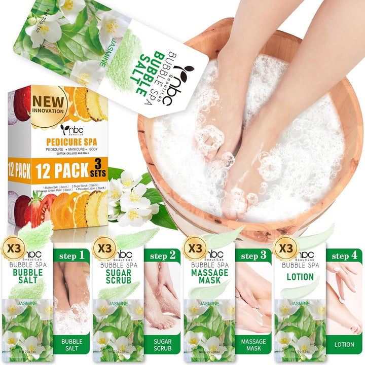 Pedicure Kit Foot Soak Set: Bubble Salt, Sugar Scrub, Massage Mask, Massage Lotion in a Box, 4 Step Foot Spa Kit for Dry Feet,Tired Feet（1 Set Lavender)
