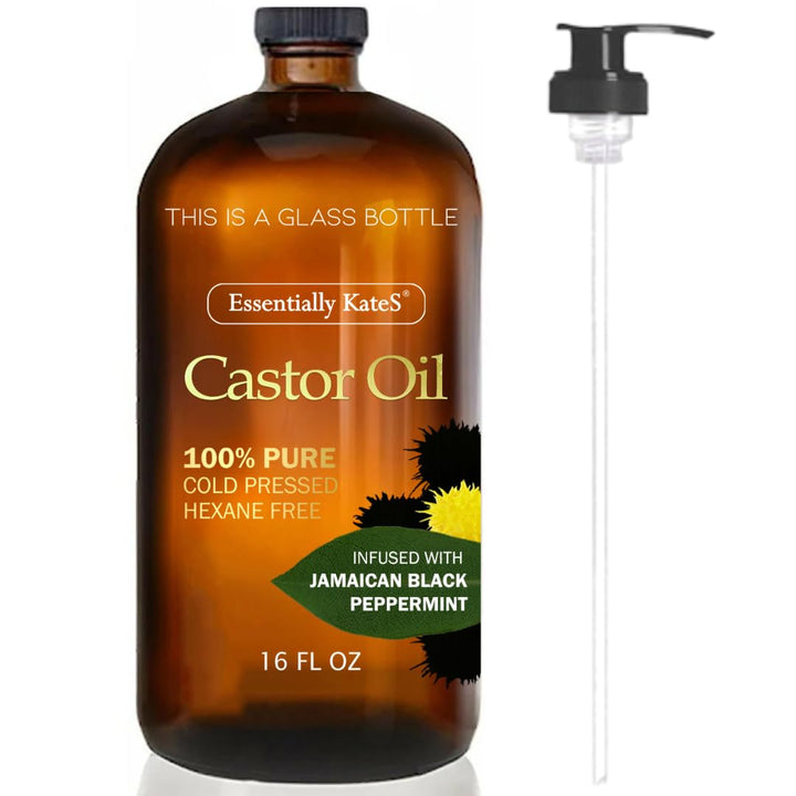 Castor Oil 16 Fl Oz (Glass Bottle) - Original - a Huge Glass Bottle with a Pump - 100% Pure and Natural, Cold Pressed, and Hexane-Free - Hair and Body