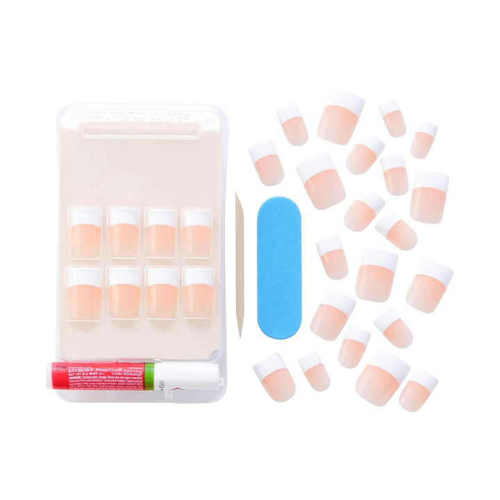 Salon Acrylic Press on Nails, Nail Glue Included, 'Sugar Rush', French, Medium Size, Square Shape, Includes 28 Nails, 2G Glue, 1 Manicure Stick, 1 Mini File